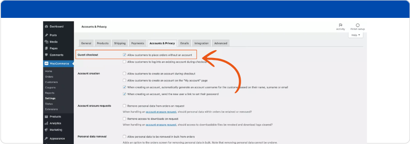 Activating Guest checkout in WooCommerce
