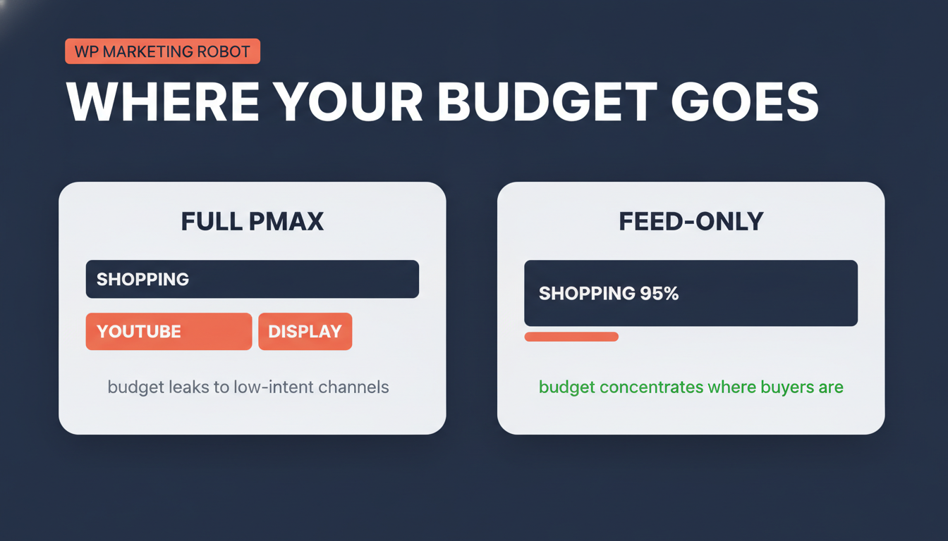 Budget distribution comparison: full PMax spreads spend across Shopping, YouTube and Display, feed-only concentrates around 95 percent on Shopping.