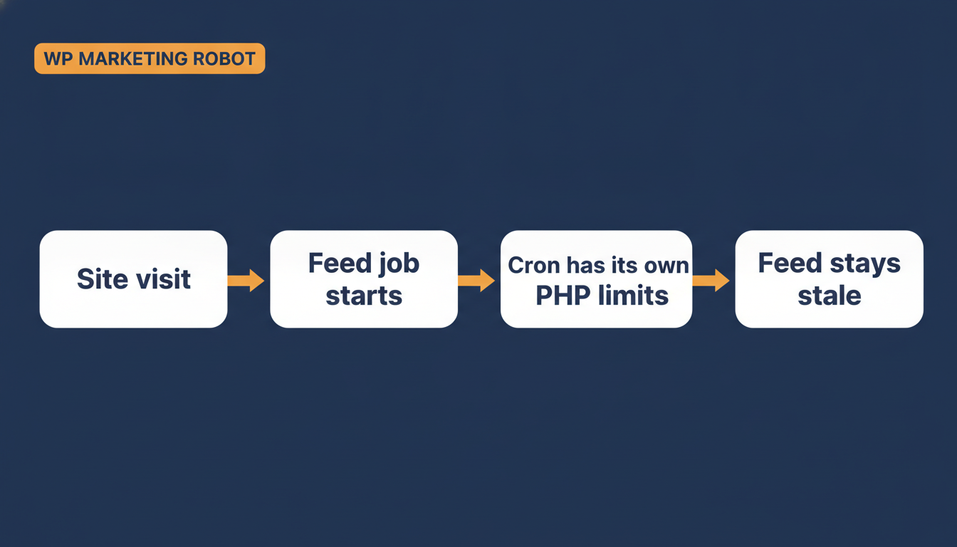 Pipeline diagram: a site visit triggers the feed schedule, the feed job starts on cron, cron runs under its own PHP memory limits, and the feed stays stale.