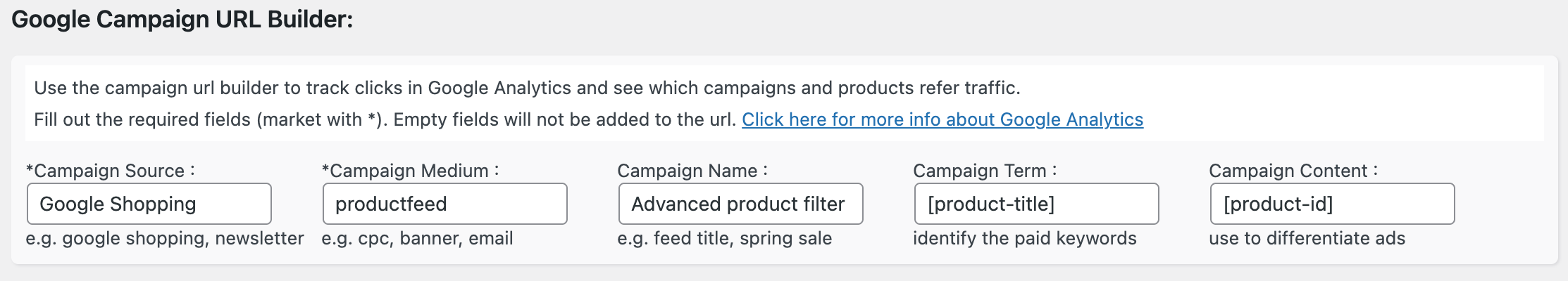 Google campaign builder to add UTM codes to product url