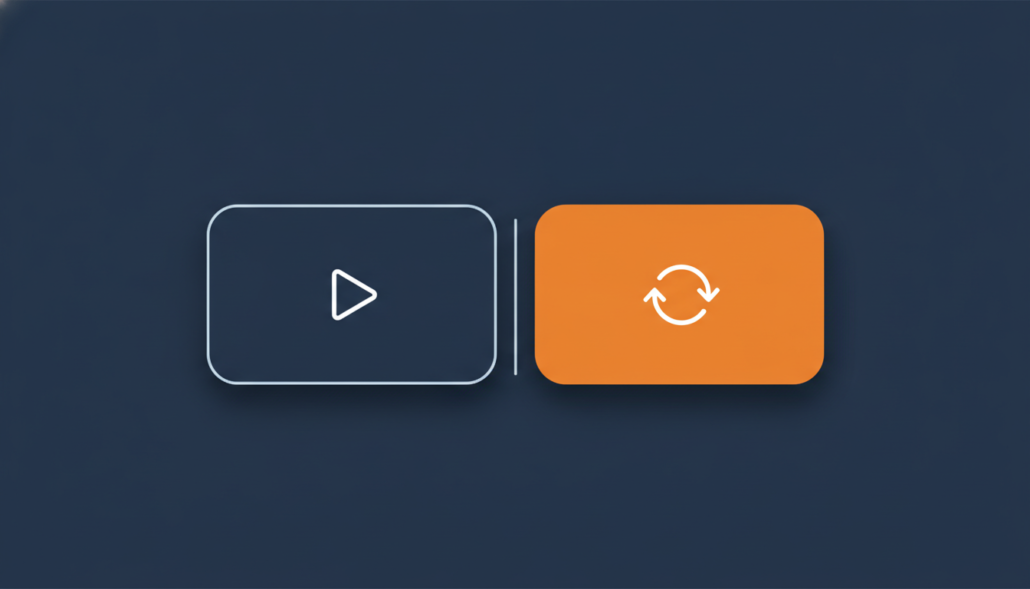An illustration contrasting manual, single-item video submission on one side with automated, synchronized video feed processing on the other, representing scalable solutions for product listings.