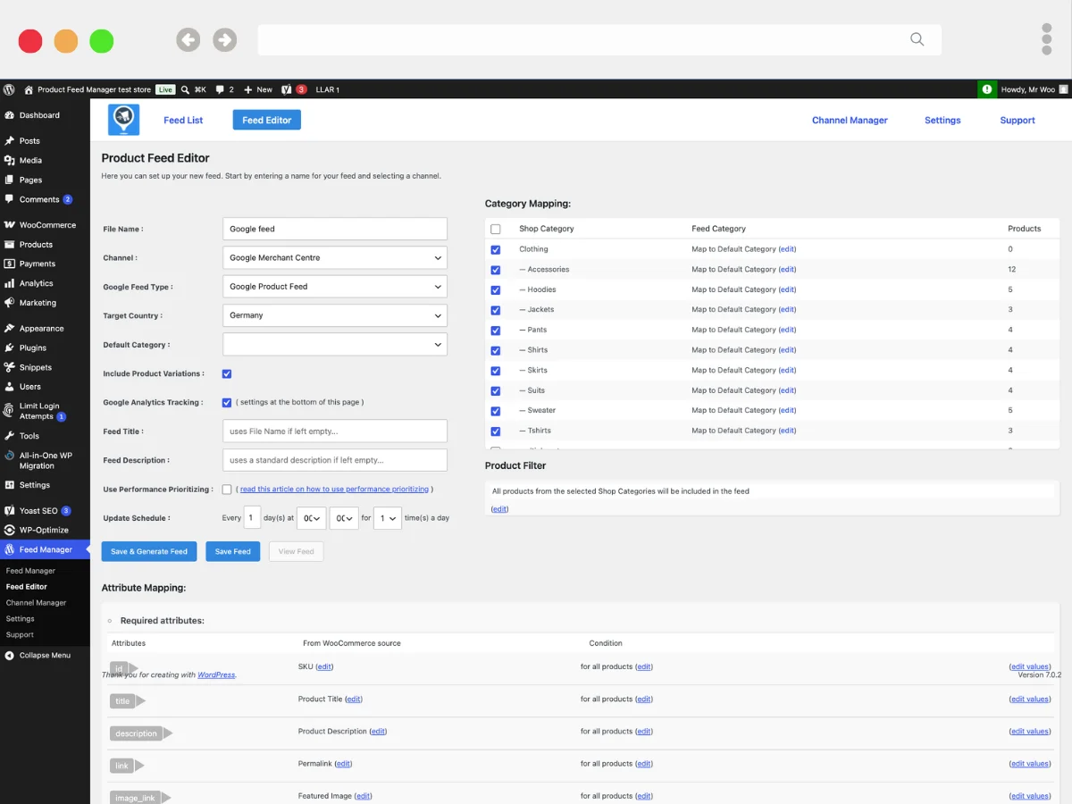 The product feed editor screen