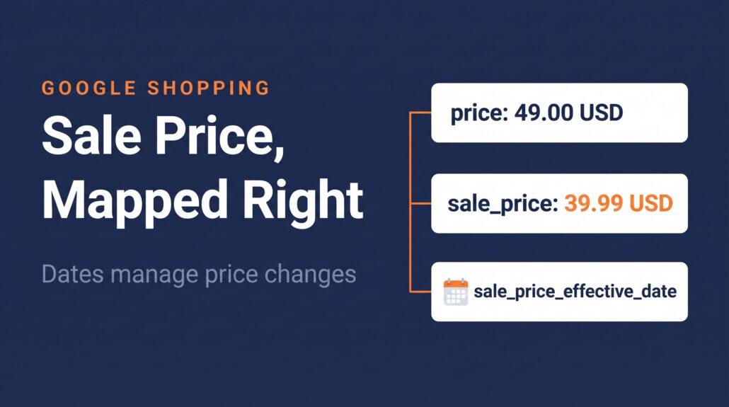 The image shows the essential attributes for managing sale prices in product feeds: regular price, sale price, and the sale effective date.